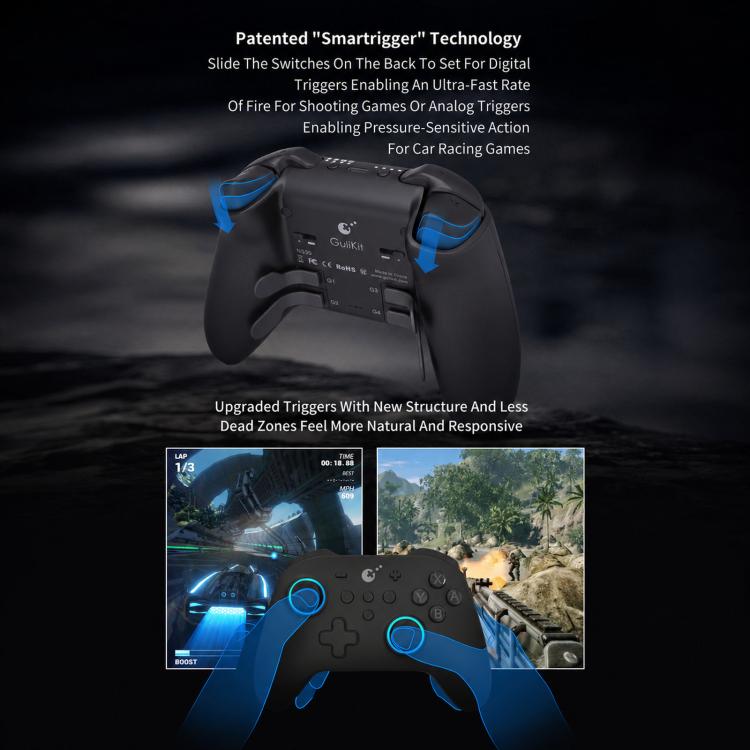 Controlador GuliKit NS39 KK3 MAX con joysticks y gatillos de efecto Hall. Compatible con Windows, Switch, Switch 2, Android e iOS.