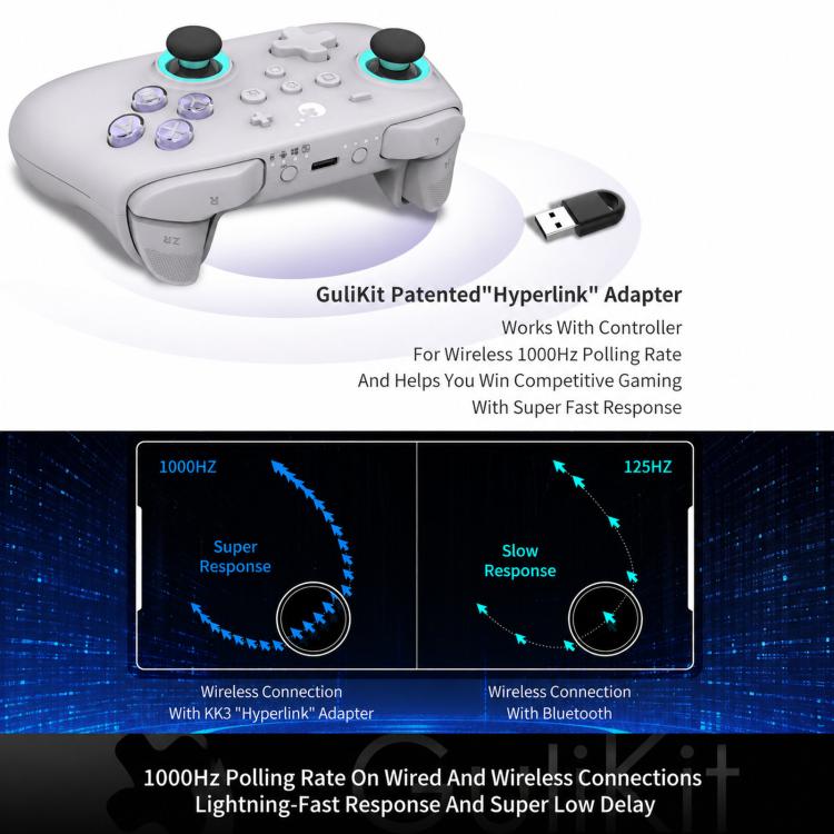 Controlador GuliKit NS39 KK3 MAX con joysticks y gatillos de efecto Hall. Compatible con Windows, Switch, Switch 2, Android e iOS.
