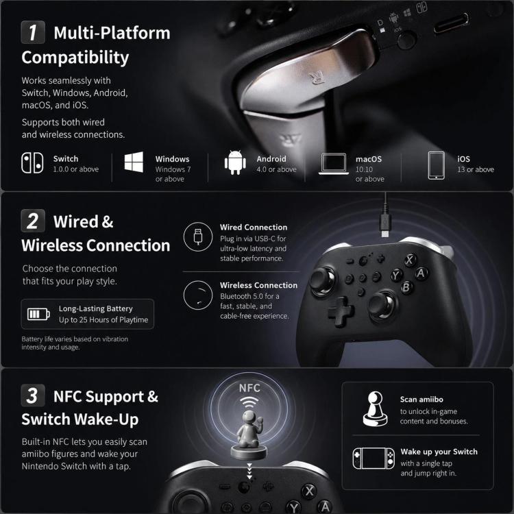 Controlador GuliKit KK2T con joystick electromagnético TMR, compatible con NFC, Amiibo y función de activación por Switch.