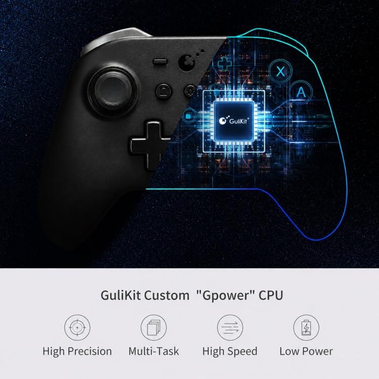 Controlador GuliKit KK2T con joystick electromagnético TMR, compatible con NFC, Amiibo y función de activación por Switch.