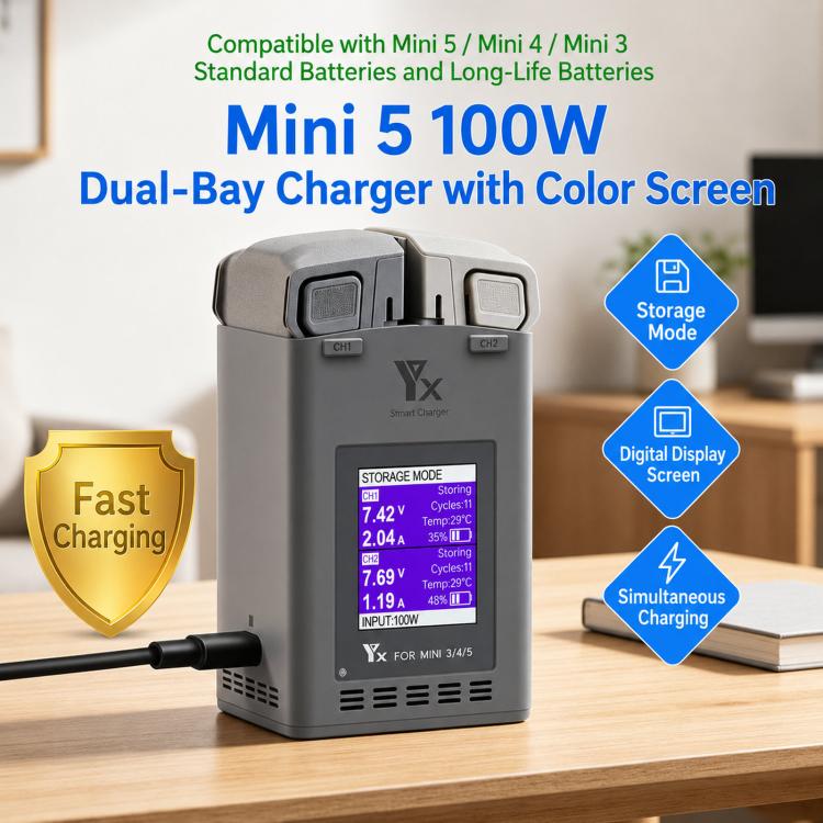 Cargador doble YX de 100 W con pantalla LCD a color para el concentrador de carga de baterías de vuelo inteligentes DJI Mini 5/4/3 Pro, Mini Color Two-Way 100W