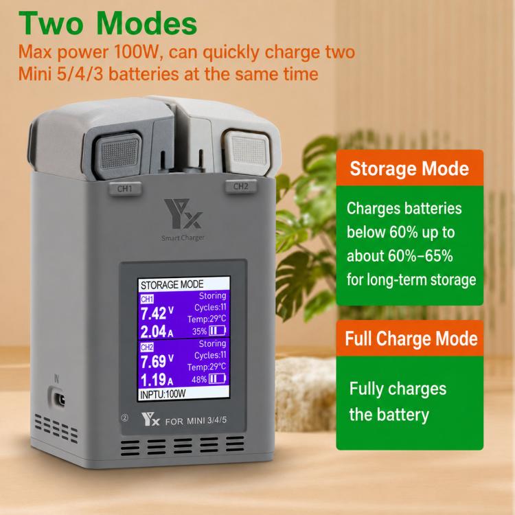 Cargador doble YX de 100 W con pantalla LCD a color para el concentrador de carga de baterías de vuelo inteligentes DJI Mini 5/4/3 Pro, Mini Color Two-Way 100W