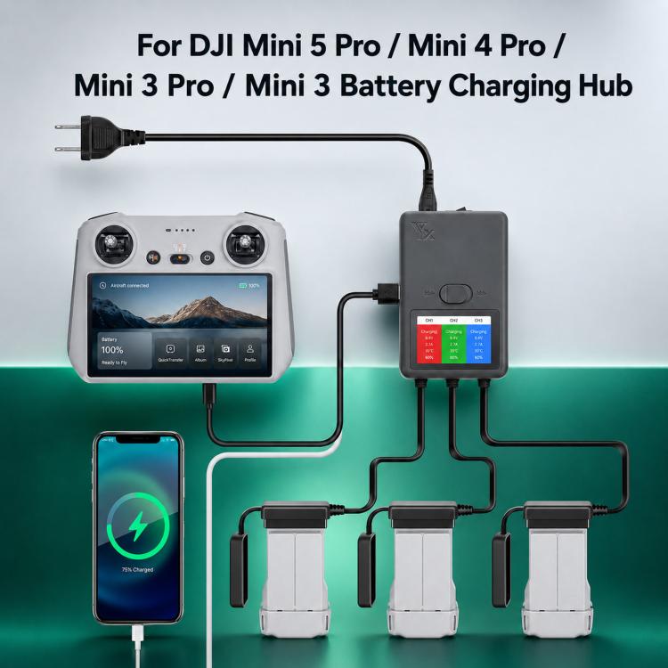 Cargador inteligente YX de 3 vías con pantalla LCD para DJI Mini 5 Pro / Mini 4 Pro / Mini 3 Pro / Mini 3. Concentrador de carga de baterías múltiples., US Plug, EU Plug, UK Plug, AU Plug