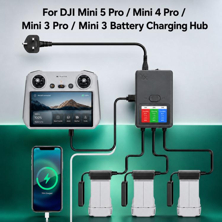 Cargador inteligente YX de 3 vías con pantalla LCD para DJI Mini 5 Pro / Mini 4 Pro / Mini 3 Pro / Mini 3. Concentrador de carga de baterías múltiples., US Plug, EU Plug, UK Plug, AU Plug