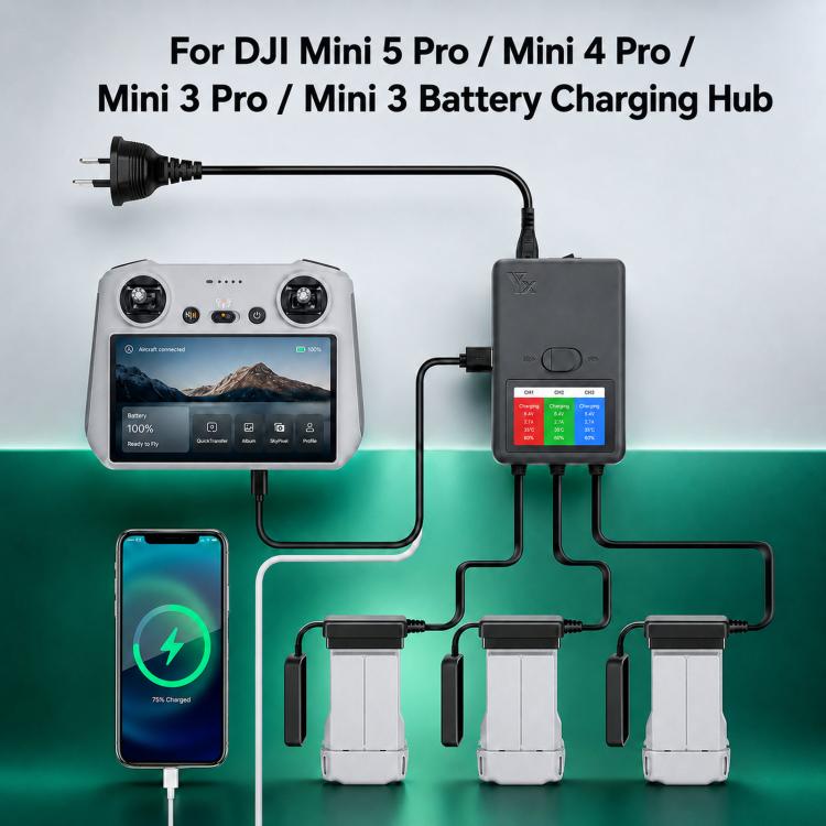 Cargador inteligente YX de 3 vías con pantalla LCD para DJI Mini 5 Pro / Mini 4 Pro / Mini 3 Pro / Mini 3. Concentrador de carga de baterías múltiples., US Plug, EU Plug, UK Plug, AU Plug