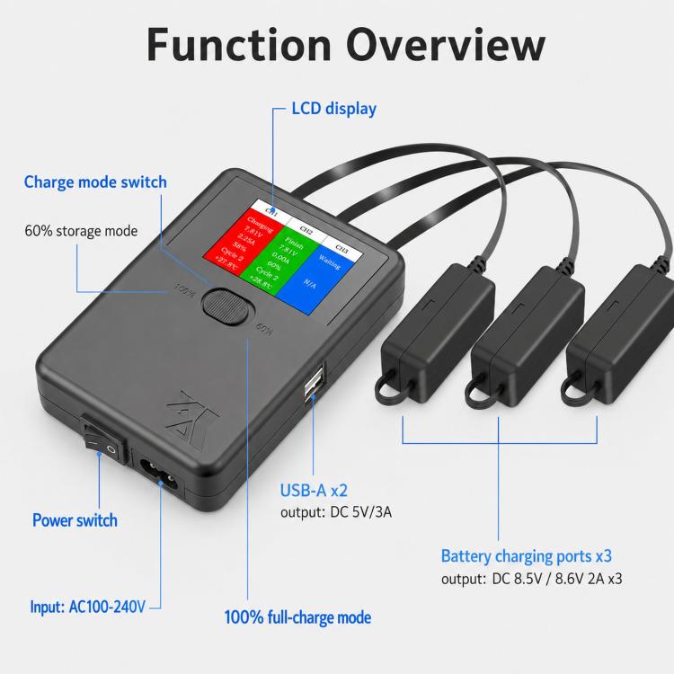 Cargador inteligente YX de 3 vías con pantalla LCD para DJI Mini 5 Pro / Mini 4 Pro / Mini 3 Pro / Mini 3. Concentrador de carga de baterías múltiples., US Plug, EU Plug, UK Plug, AU Plug