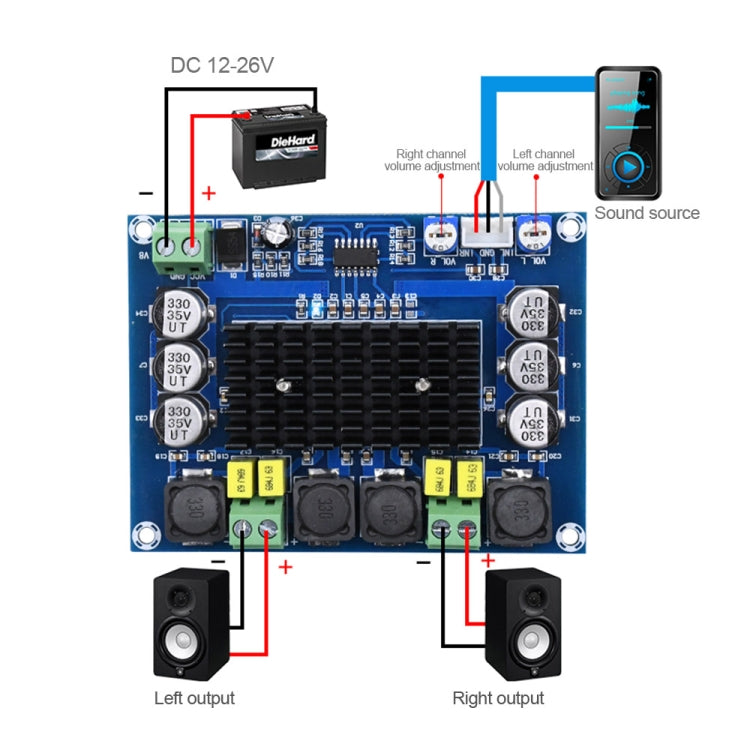 XH-M543 120W + 120W Placa de amplificador de potencia de audio TPA3116D2 estéreo de doble canal de alta potencia digital, 120W+120W Dual-channel Audio Amplifier