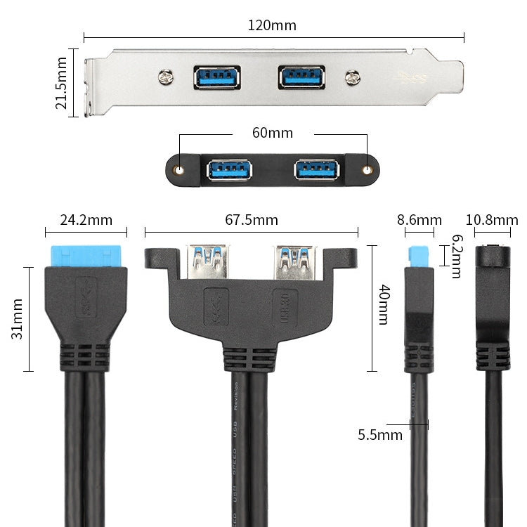 Línea de deflector PCI trasera USB 3,0 de 50CM, chasis de altura completa DIY con Cable de transferencia de 20 pines