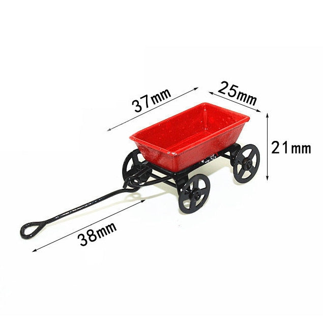 1:12 Mini casa de muñecas bonita miniatura Metal rojo pequeño carrito de tracción muebles de jardín accesorio juguete para decoración del hogar regalo, Red Small Pulling Cart