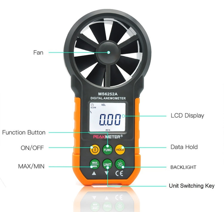 PEAKMETER Instrumento de medición del volumen del aire de la velocidad del viento con pantalla digital de alta precisión, MS6252A Wind Speed, Air Volume, MS6252B Temperature, Humidity, USB