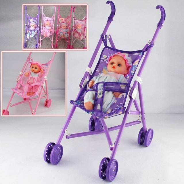 Mini cochecito de bebé de plástico para casa de muñecas, juguetes educativos para niños, entrega de colores aleatorios, Baby Stroller Set