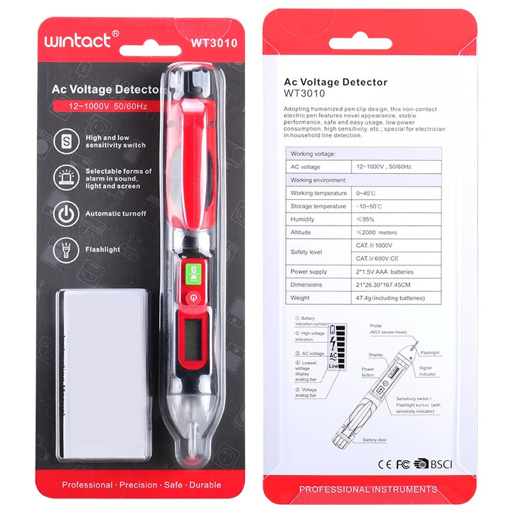 WINTACT WT3010 LED Probador de voltaje de CA Pluma detectora sin contacto 12-1000V Detector de voltaje de CA, WINTACT WT3010