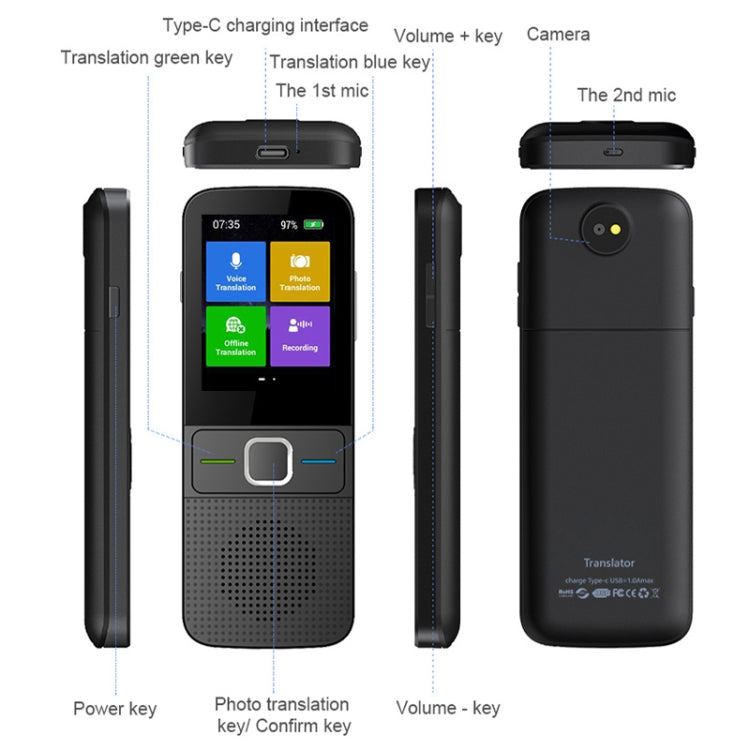 T10 portátil WIFI traductor de voz inteligente viaje de negocios inteligente en tiempo Real AI traductor máquina de traducción, T10 Black