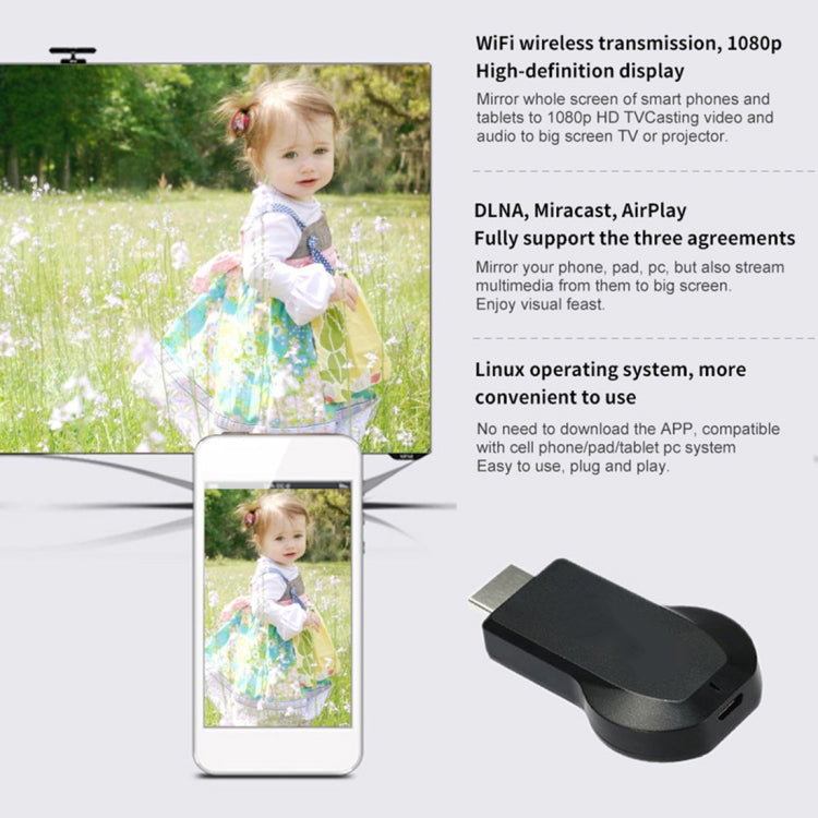 AnyCast M4 Plus Wireless WiFi Display Dongle Receiver Airplay Miracast DLNA 1080P HDMI TV Stick para iPhone, Samsung y otros teléfonos inteligentes Android, M4 Plus