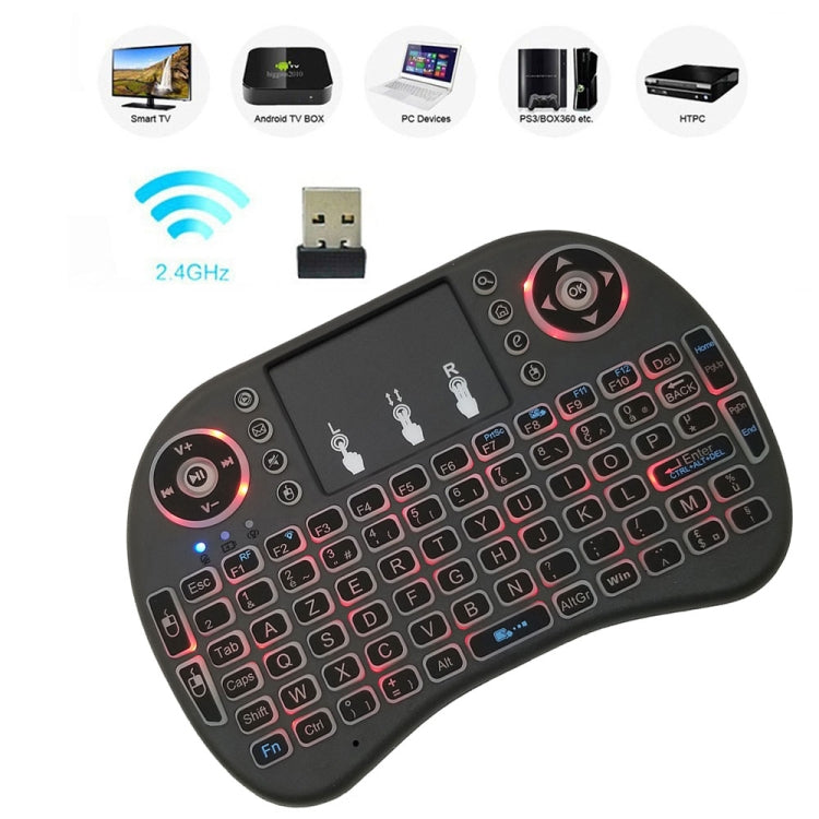 Idioma de soporte: Francés i8 Air Mouse Teclado retroiluminado inalámbrico con panel táctil para Android TV Box y Smart TV y PC Tablet y Xbox360 y PS3 y HTPC/IPTV, French