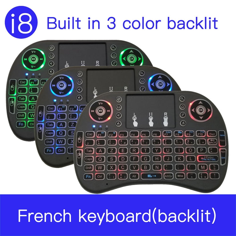 Idioma de soporte: Francés i8 Air Mouse Teclado retroiluminado inalámbrico con panel táctil para Android TV Box y Smart TV y PC Tablet y Xbox360 y PS3 y HTPC/IPTV, French