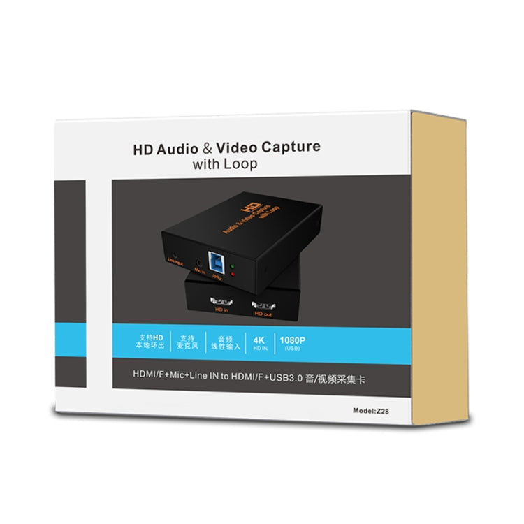 Z28 Profesional HDMI Hembra + Micrófono + Entrada de línea a HDMI Hembra USB 3.0 Caja de captura de audio y video, Z28