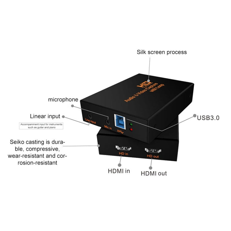 Z28 Profesional HDMI Hembra + Micrófono + Entrada de línea a HDMI Hembra USB 3.0 Caja de captura de audio y video, Z28