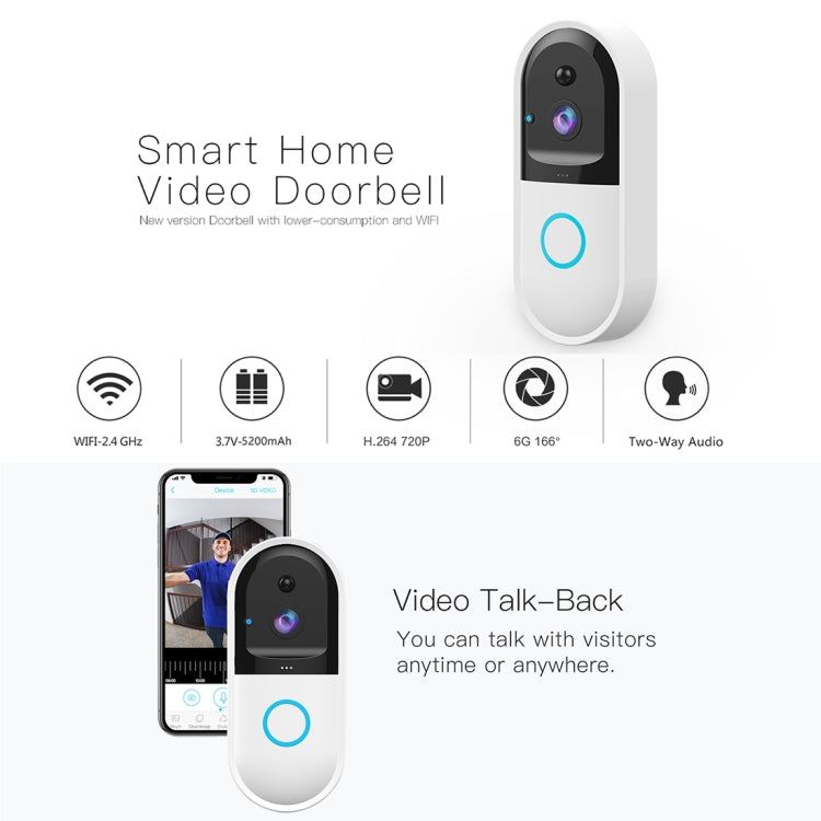 Timbre visual de vídeo inteligente WiFi B50 720P, soporte para monitoreo remoto de teléfono, visión nocturna y tarjeta SD