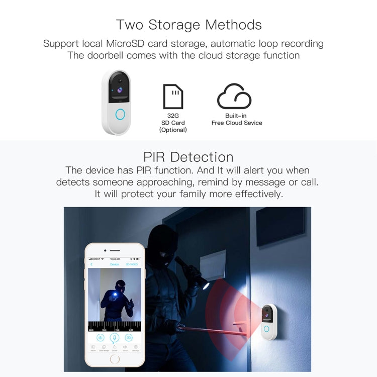 Timbre visual de vídeo inteligente WiFi B50 720P, soporte para monitoreo remoto de teléfono, visión nocturna y tarjeta SD