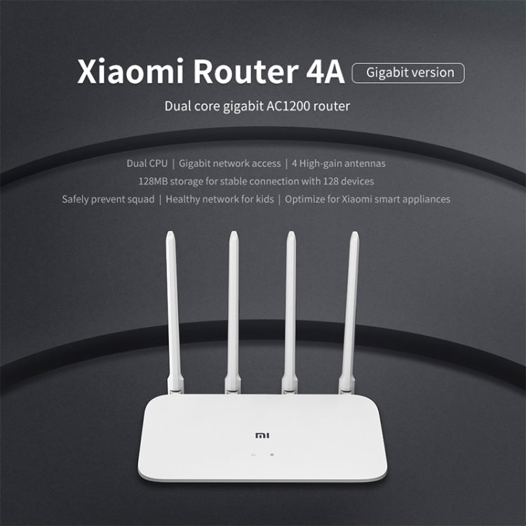 Original Xiaomi WiFi Router 4A Smart APP Control AC1200 1167Mbps 128MB 2.4GHz y 5GHz CPU de doble núcleo Puerto Gigabit Ethernet Repetidor de enrutador inalámbrico con 4 antenas, soporte Web y Android e iOS, enchufe de EE. UU., 4A (Dual-core CPU)