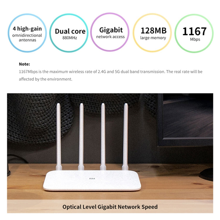 Original Xiaomi WiFi Router 4A Smart APP Control AC1200 1167Mbps 128MB 2.4GHz y 5GHz CPU de doble núcleo Puerto Gigabit Ethernet Repetidor de enrutador inalámbrico con 4 antenas, soporte Web y Android e iOS, enchufe de EE. UU., 4A (Dual-core CPU)