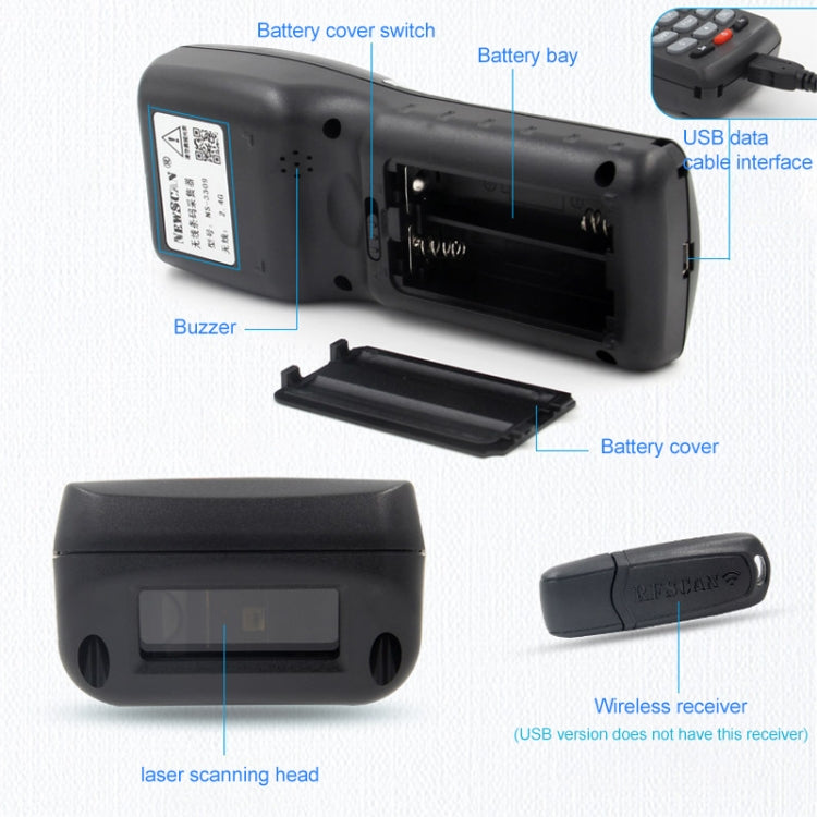 NEWSCAN NS3309 Láser unidimensional USB + Escáner de código de barras inalámbrico Colector, NS3309L