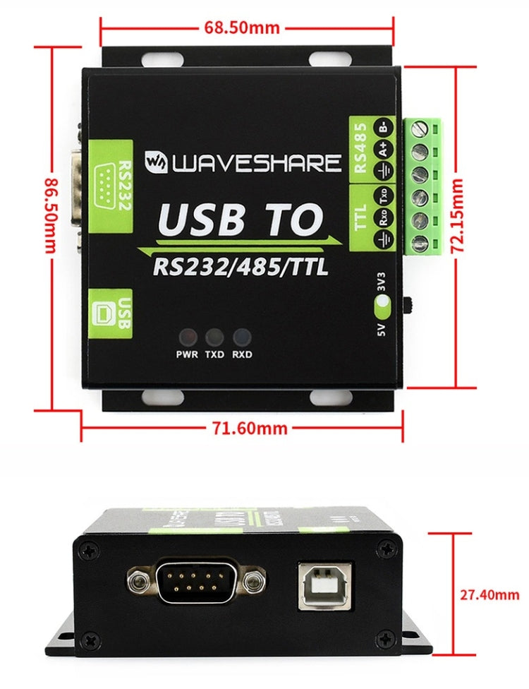 Convertidor aislado industrial USB a RS232 / RS485 / TTL de Waveshare, 15817