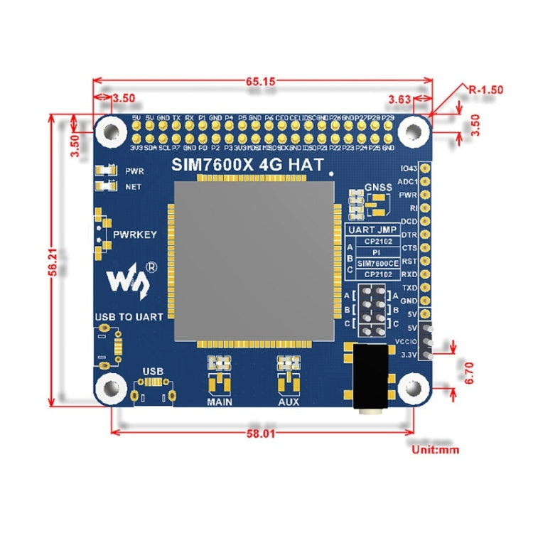 Waveshare 4G / 3G / 2G / GSM / GPRS / GNSS HAT para Raspberry Pi, LTE CAT4, para el Sudeste Asiático, Asia Occidental, Europa, África, 4G / 3G / 2G / GSM / GPRS / GNSS HAT