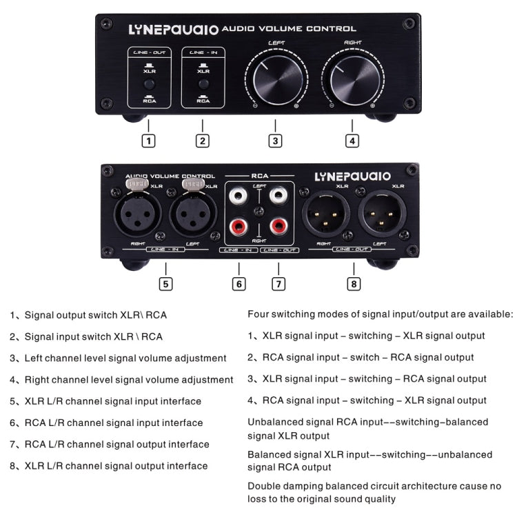 LINEPAUDIO A977 Conmutador 2 en 2 salidas Preamplificador pasivo de equilibrio completo Altavoz activo Controlador de volumen de fuente de sonido doble, A977